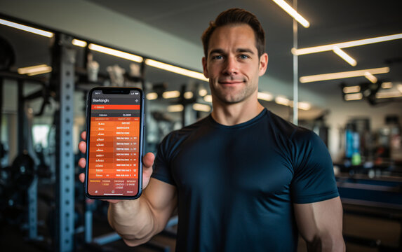 Young man showing his sports achievements and statistics on his mobile phone screen in a sports app in the gym - Powered by Adobe