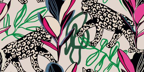 Leopard seamless pattern with tropical leaves background Vector © Sviatlana