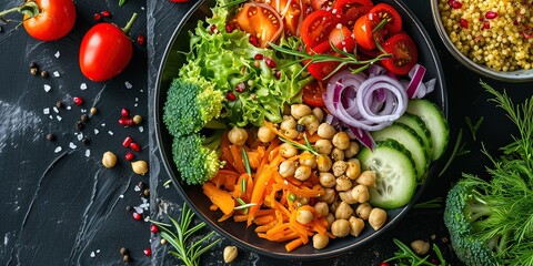Delicious healthy balanced lunch, vegetarian food, salad, background, wallpaper.