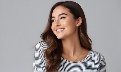 Beautiful and happy young woman looking away smiling while standing in studio