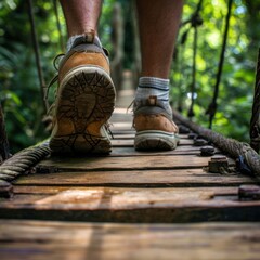 close up of feets and shoe taking the next step on a primitive bridge