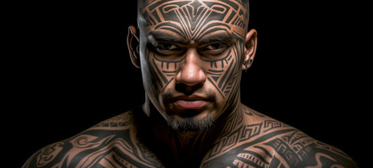 Fototapeta na wymiar Man with traditional tribal tattoo patterns in dark backdrop