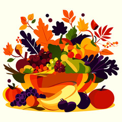 Autumn harvest of vegetables and fruits in a bowl. Vector illustration. generative AI