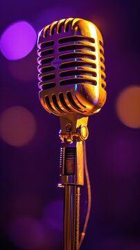 microphone under spotlight, purple background, light source from top, distant view,