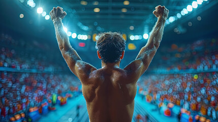 An athlete raising his hands in victory after a successful performance