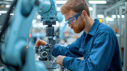 Employee managing an industrial robot in the production process
