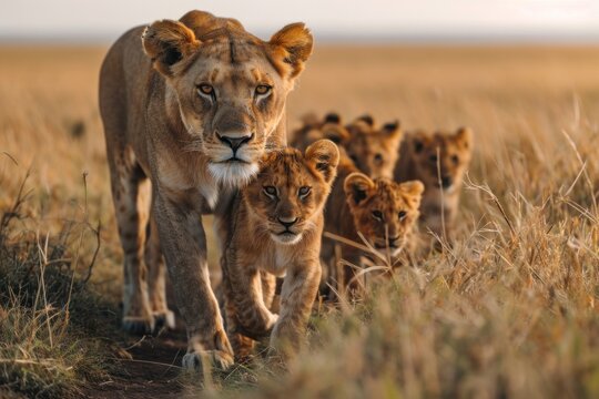 A mother lion and her cubs are walking towards the camera. t