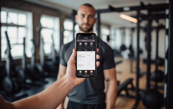 Fitness instructor shows man's sporting achievements and statistics on mobile phone screen in sports app in gym