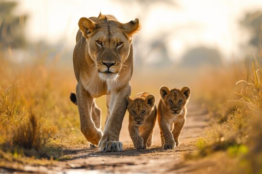 A mother lion and her cubs are walking towards the camera. t