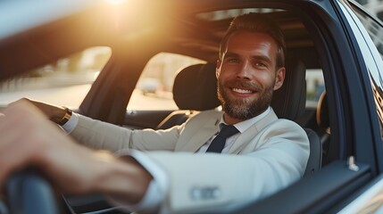 Front view portrait of a happy white businessman driving a luxury car, generative AI - obrazy, fototapety, plakaty