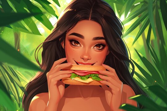 Beautiful girl eating a sandwich in the jungle. illustration.