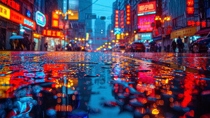 Bright advertising signs create a hypnotic effect, reflected from the wet asphalt of the city