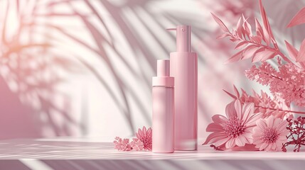Discover beauty in our pastel pink product with an aesthetic bottle layout. Elevate your skincare routine with a healthy and caring cosmetic background. Generative AI