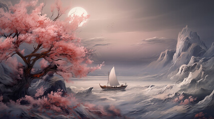 wonderful asian inspired realistic tree and boat fighting against the storm - obrazy, fototapety, plakaty