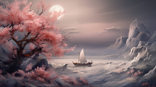 wonderful asian inspired realistic tree and boat fighting against the storm