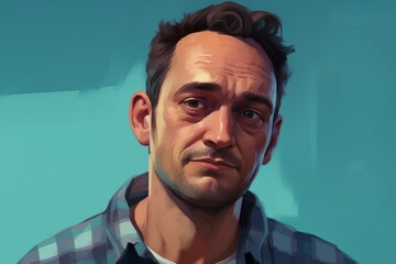 Obraz premium Portrait of a tender man in his 40s wearing a comfy flannel shirt against a soft teal background. AI Generation