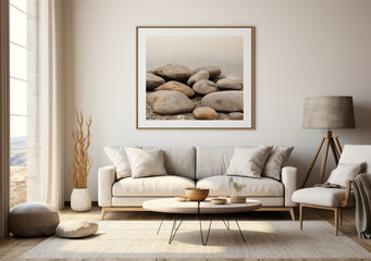 Modern Design Furniture: Stylish Living Room Interior with White Sofa and Decorative Wall Frame on a Wooden Floor