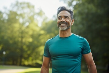Portrait of a merry indian man in his 40s wearing a moisture-wicking running shirt against a soft teal background. AI Generation