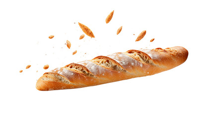 Baguette bread with falling crumbs isolated on transparent background Remove png, Clipping Path, pen tool, white - obrazy, fototapety, plakaty