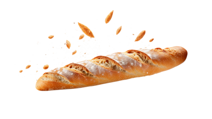 Baguette bread with falling crumbs isolated on transparent background Remove png, Clipping Path, pen tool, white