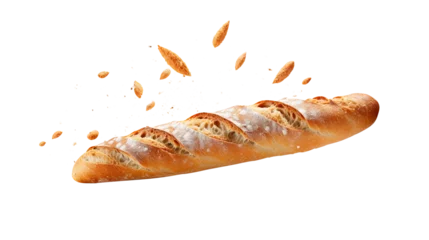 Photo sur Plexiglas Boulangerie Baguette bread with falling crumbs isolated on transparent background Remove png, Clipping Path, pen tool, white