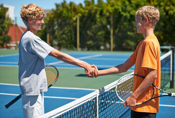 Players, tennis and handshake with game, winner and court with friends, athlete or fitness. Boys,...
