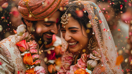 Newlyweds, celebrating the wedding Holi, surrounded by flowers and jewelry - obrazy, fototapety, plakaty