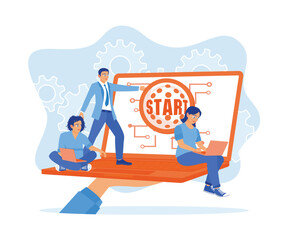 Big hand holding a laptop. Man and woman using a laptop with START button to start. Education concept. Flat vector illustration.