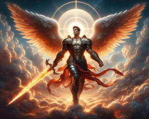 Warrior angel with wings and sword in heaven - obrazy, fototapety, plakaty