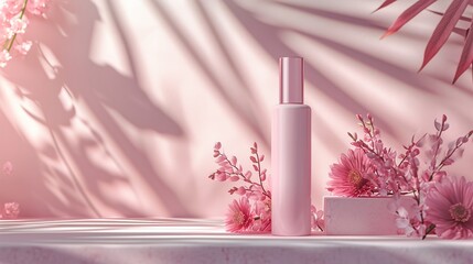 Indulge in beauty with our pastel pink product. Explore the aesthetic bottle layout for a healthy and caring cosmetic background.
