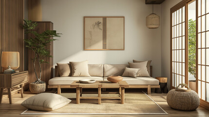 Home mockup living room in Japandi style 3d render. Generative AI