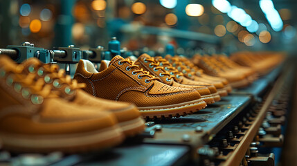 The process of assembling and packaging new shoes in the factory - obrazy, fototapety, plakaty