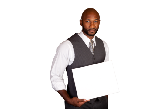 African American Business Man holding a white placard with room for copy cut out on a transparent background