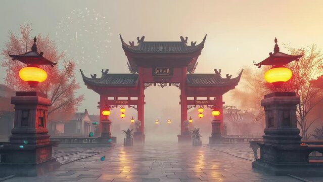 Animation chinese new year celebrations on the chinese temple 4k video background. generated with ai