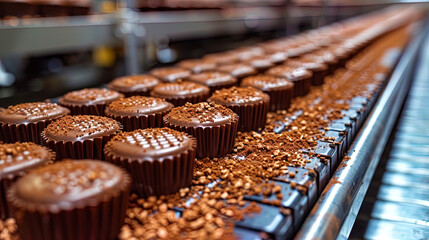Obraz premium The working line at the chocolate factory, where chocolate sweets are automatically sprinkled with