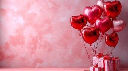 Valentine&lsquo;s day background with red and pink hearts like balloons on pink background flat lay top view love and romance concept illustration for lady romance in love balloon party. Wedding card.