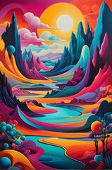 Surreal Landscape with Vibrant Colors, Large Sun