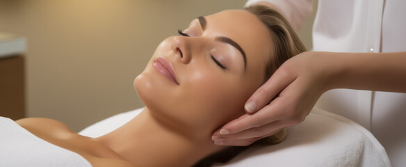 Obraz na płótnie Canvas Young woman enjoying a relaxing facial massage at spa