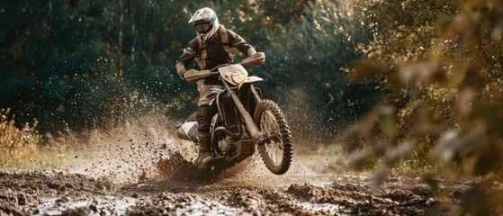 Motocross rider on the race on the race track in the forest. Motocross. Enduro. Extreme sport concept.