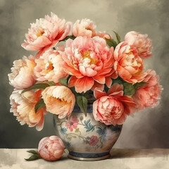 Bouquet of pink peonies in a ceramic vase, still life, watercolor painting