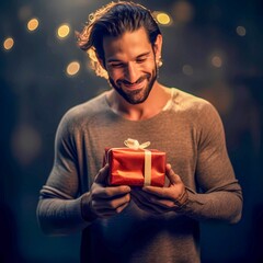 Handsome man holding a bright red gift box with golden ribbon 