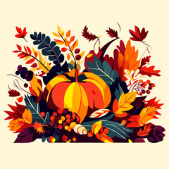 Naklejka premium Autumn background with pumpkins, leaves and berries. Vector illustration. AI Generated