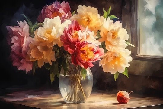 Bouquet of peonies in a vase on a wooden table near window, still life, watercolor painting