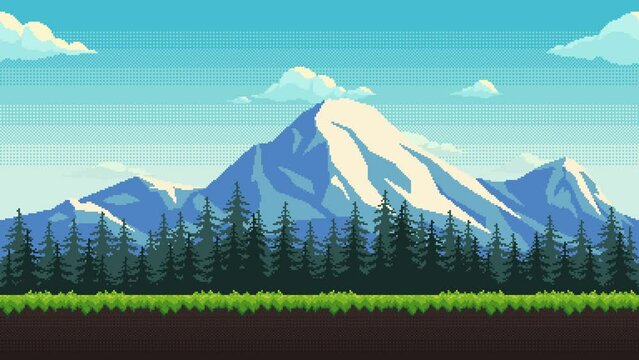 Pixel art animation of background with snow capped mountains, fir tree forest and green grass. Animated 8 bit landscape with moving clouds.