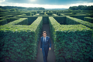 Film grain effect, Businessman in suit coming out of green garden maze, concept of achieving success, overcoming obstacles, textured surface - obrazy, fototapety, plakaty