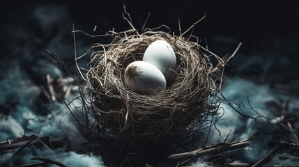 Two big eggs inside the small nest at dark forest - obrazy, fototapety, plakaty