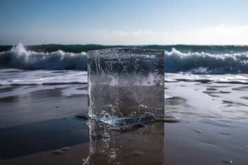 Translucent ice cube on beach with waves. The concept of saving from the heat