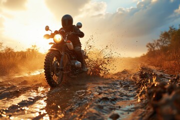 Motorcycle rider rides on a muddy road at sunset. Extreme sport. Motocross. Enduro. Extreme sport...