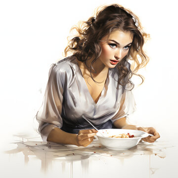 Young woman looking at an empty plate, indicating an eating disorder isolated on white background, sketch, png

