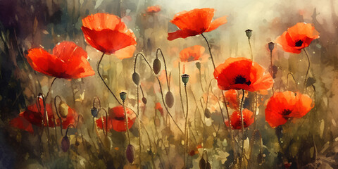 Obraz premium Red poppy flowers closeup on the summer meadow, watercolor painting.